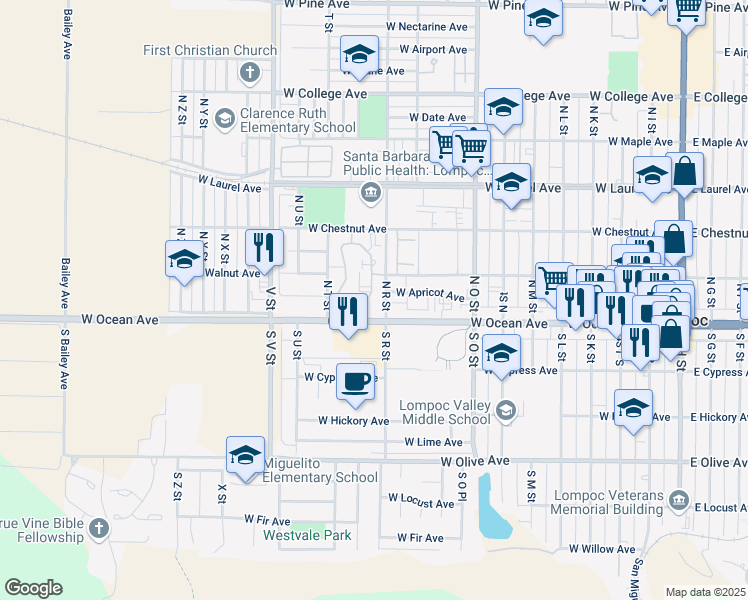 map of restaurants, bars, coffee shops, grocery stores, and more near 23 Village Circle Drive in Lompoc
