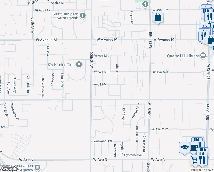 map of restaurants, bars, coffee shops, grocery stores, and more near 5806 Avenue M-6 in Lancaster