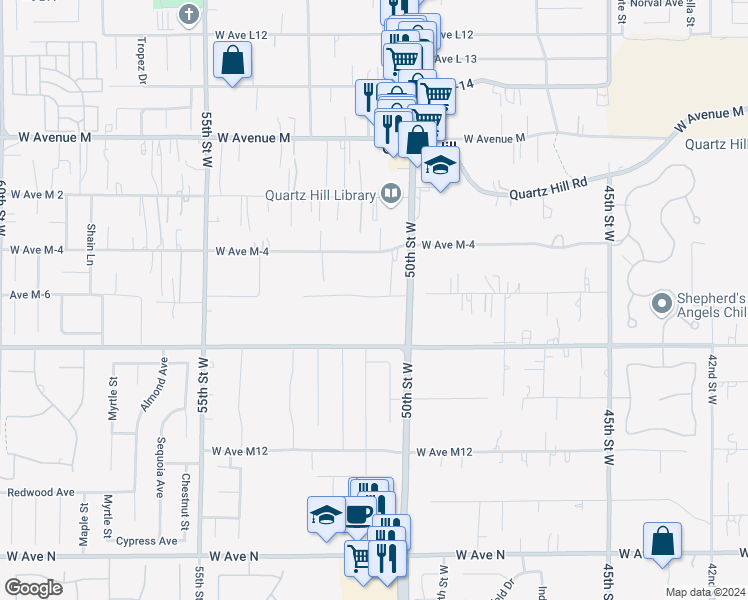 map of restaurants, bars, coffee shops, grocery stores, and more near 5037 West Avenue M8 in Lancaster