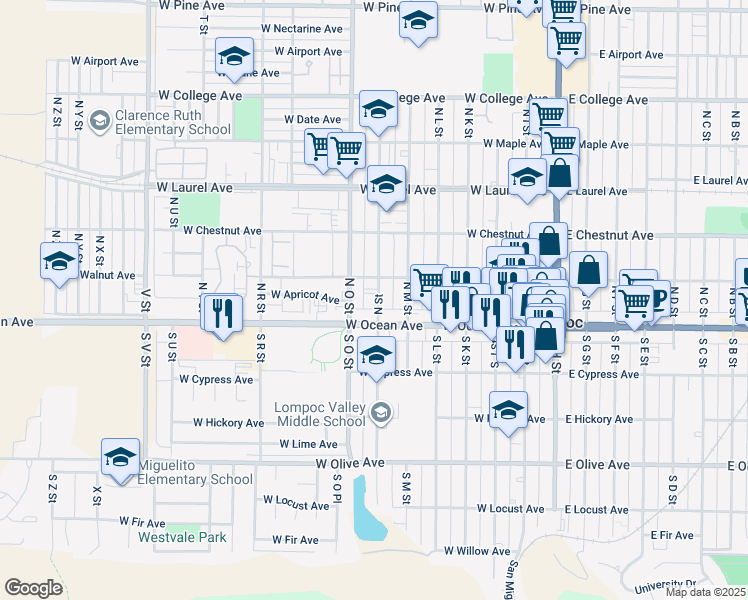 map of restaurants, bars, coffee shops, grocery stores, and more near 613 West Ocean Avenue in Lompoc