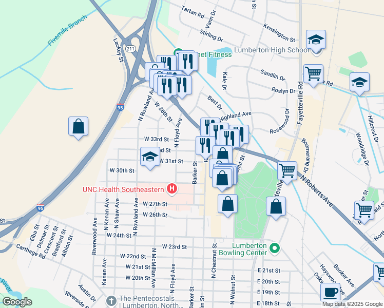 map of restaurants, bars, coffee shops, grocery stores, and more near 204 W 31st St in Lumberton