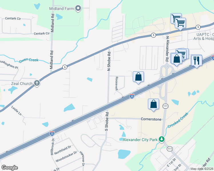 map of restaurants, bars, coffee shops, grocery stores, and more near 4905 North Shobe Road in Alexander