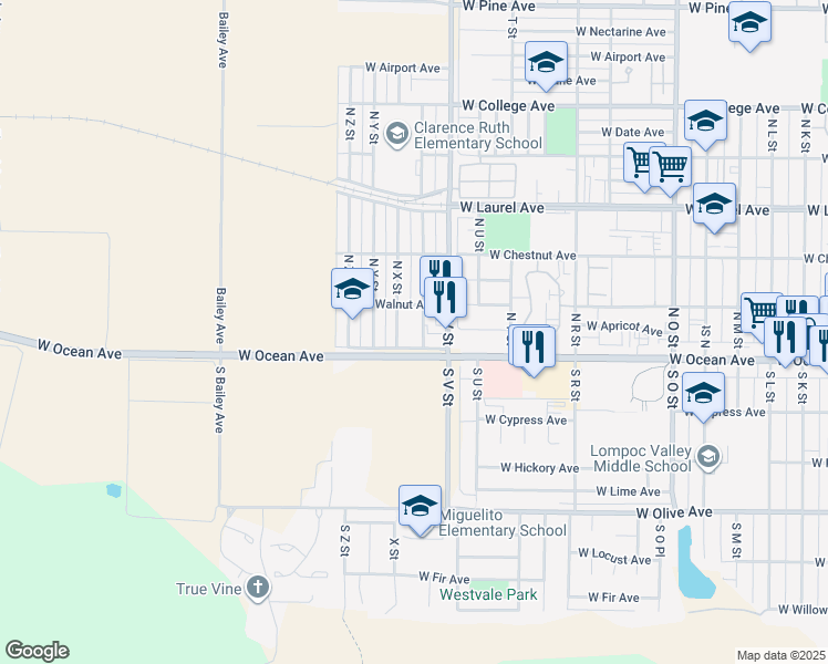 map of restaurants, bars, coffee shops, grocery stores, and more near 100 North X Street in Lompoc