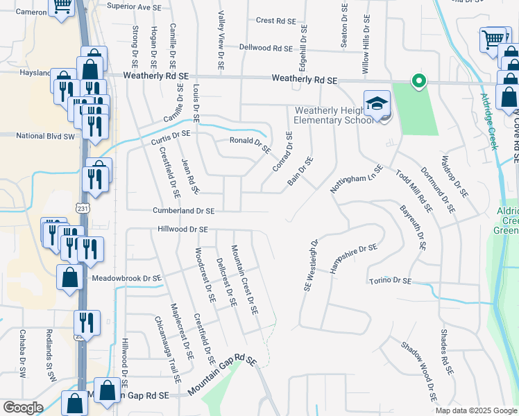 map of restaurants, bars, coffee shops, grocery stores, and more near 412 Cumberland Drive Southeast in Huntsville