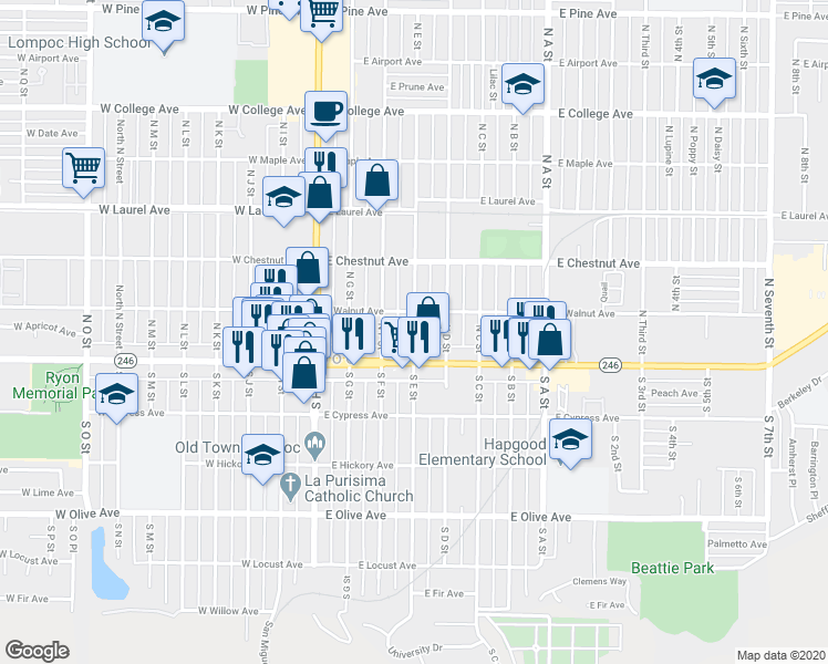 map of restaurants, bars, coffee shops, grocery stores, and more near 125 North E Street in Lompoc