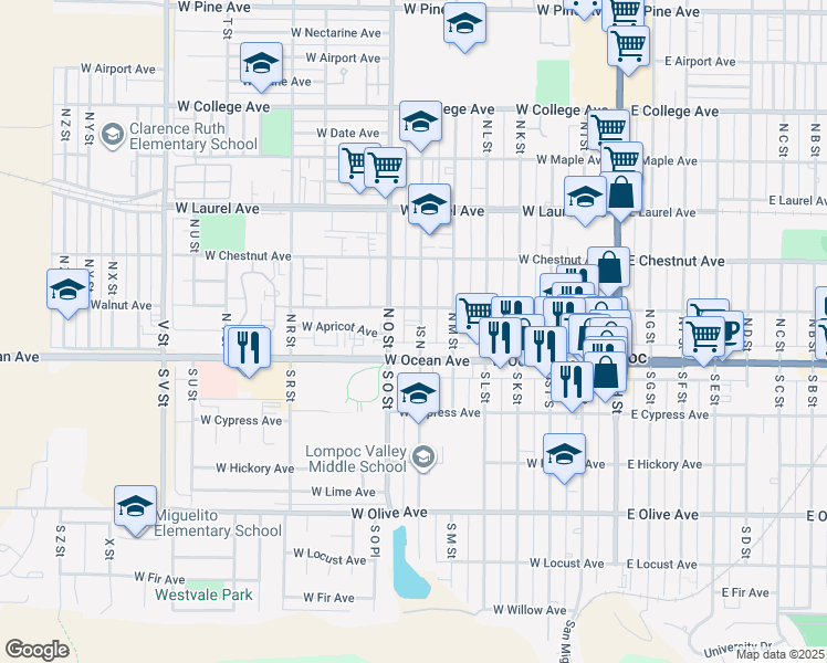 map of restaurants, bars, coffee shops, grocery stores, and more near 100 North O Street in Lompoc