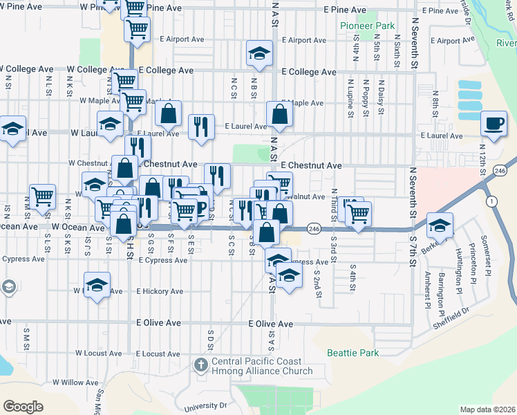 map of restaurants, bars, coffee shops, grocery stores, and more near 124 North B Street in Lompoc