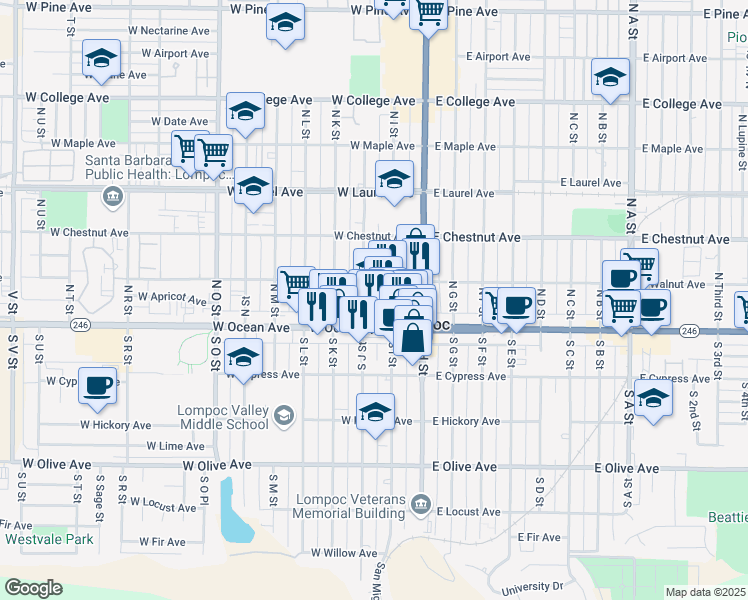 map of restaurants, bars, coffee shops, grocery stores, and more near 301 West Ocean Avenue in Lompoc