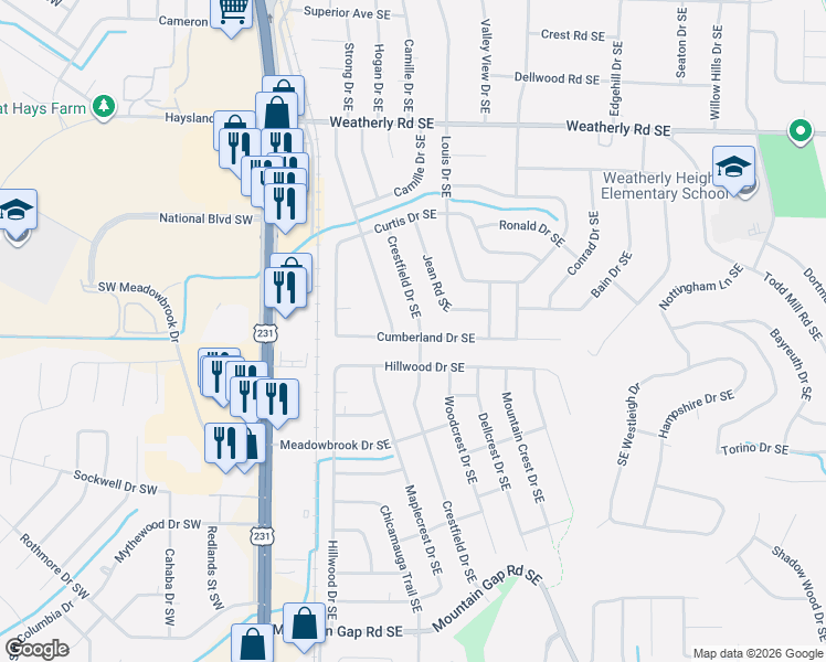 map of restaurants, bars, coffee shops, grocery stores, and more near 308 Cumberland Drive Southeast in Huntsville