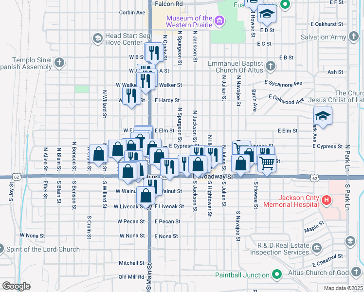 map of restaurants, bars, coffee shops, grocery stores, and more near 311 East Cypress Street in Altus