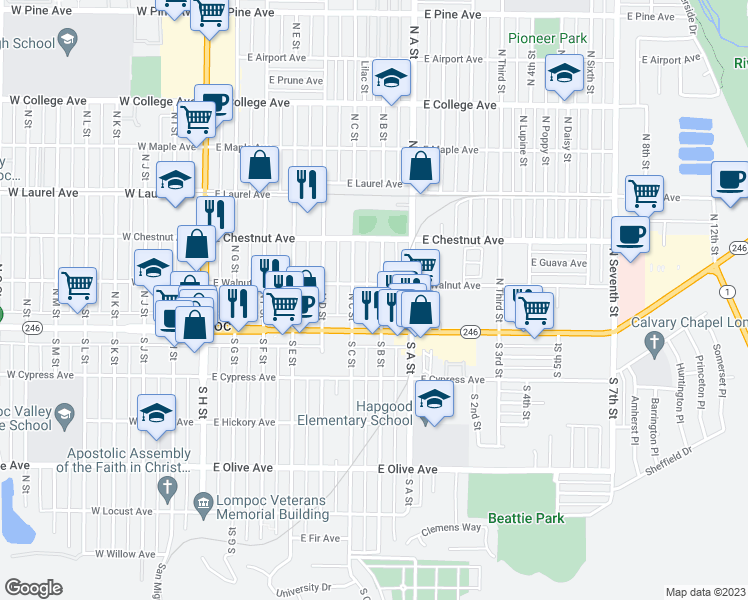 map of restaurants, bars, coffee shops, grocery stores, and more near 125 North B Street in Lompoc