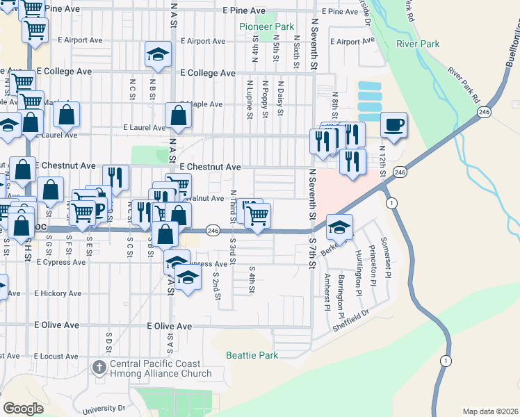 map of restaurants, bars, coffee shops, grocery stores, and more near 1208 East Walnut Avenue in Lompoc