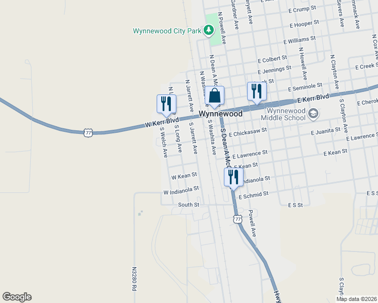 map of restaurants, bars, coffee shops, grocery stores, and more near 502 West Lawrence Street in Wynnewood