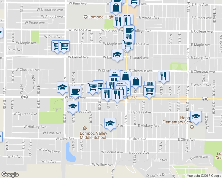 map of restaurants, bars, coffee shops, grocery stores, and more near 126 North J Street in Lompoc