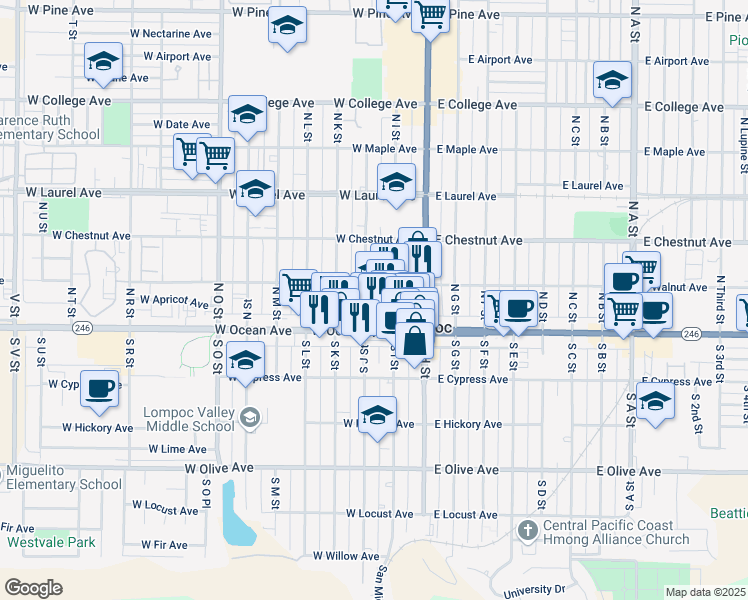 map of restaurants, bars, coffee shops, grocery stores, and more near 126 North J Street in Lompoc