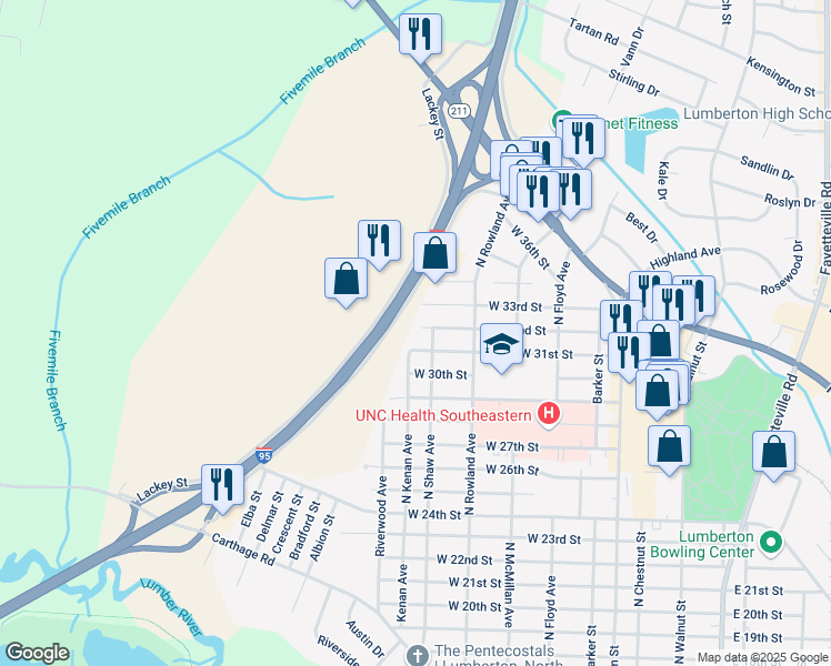 map of restaurants, bars, coffee shops, grocery stores, and more near 601 West 31st Street in Lumberton