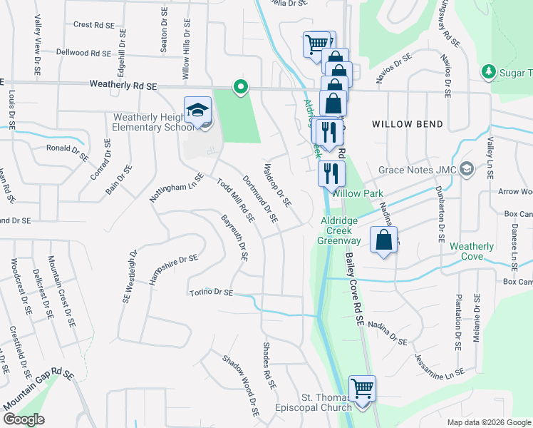 map of restaurants, bars, coffee shops, grocery stores, and more near 9630 Dortmund Drive Southeast in Huntsville