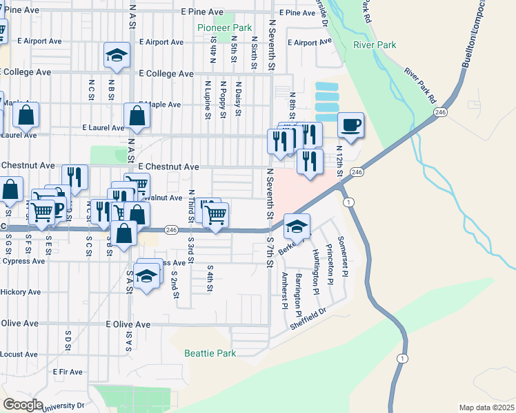 map of restaurants, bars, coffee shops, grocery stores, and more near 1415 East Ocean Avenue in Lompoc