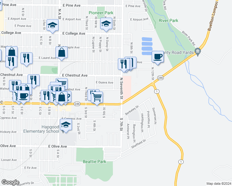 map of restaurants, bars, coffee shops, grocery stores, and more near 1416 East Walnut Avenue in Lompoc