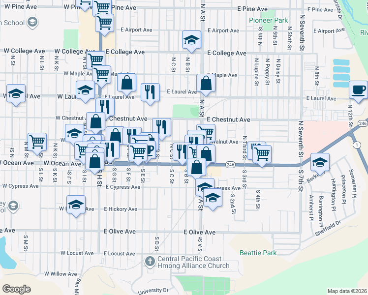 map of restaurants, bars, coffee shops, grocery stores, and more near 129 North B Street in Lompoc