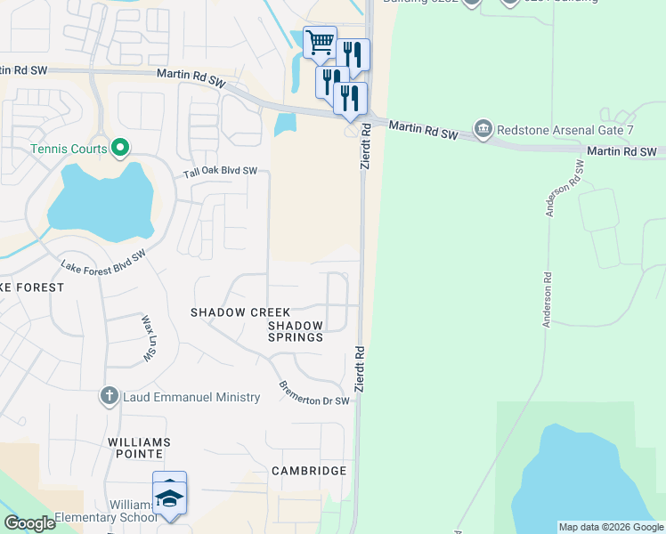 map of restaurants, bars, coffee shops, grocery stores, and more near 100 Shadow Tr Southwest in Huntsville