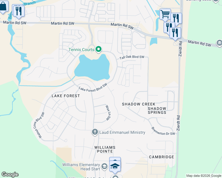 map of restaurants, bars, coffee shops, grocery stores, and more near 3 Holly Park Boulevard Southwest in Huntsville
