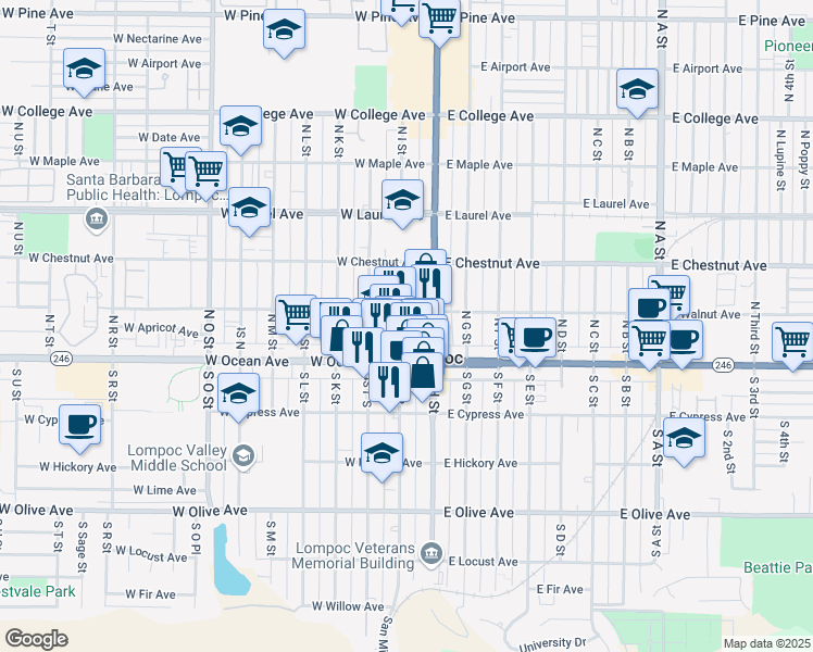 map of restaurants, bars, coffee shops, grocery stores, and more near 106 North I Street in Lompoc
