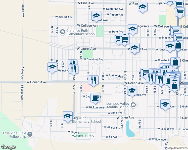 map of restaurants, bars, coffee shops, grocery stores, and more near 47 Village Circle Drive in Lompoc