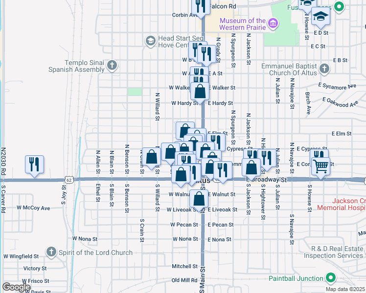 map of restaurants, bars, coffee shops, grocery stores, and more near 205 West Cypress Street in Altus