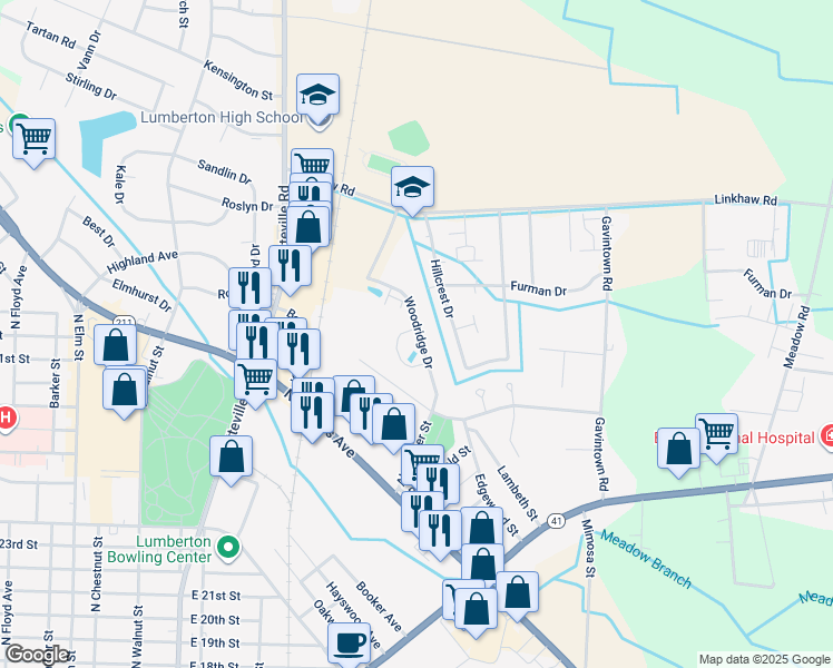 map of restaurants, bars, coffee shops, grocery stores, and more near 1003 Woodridge Drive in Lumberton