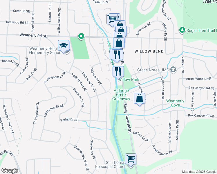 map of restaurants, bars, coffee shops, grocery stores, and more near 1304 Arolen Drive Southeast in Huntsville
