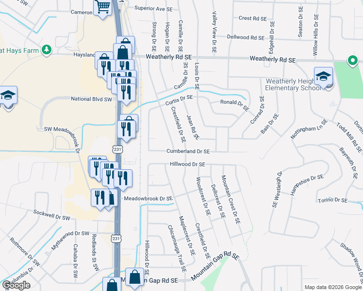 map of restaurants, bars, coffee shops, grocery stores, and more near 218 Cumberland Drive Southeast in Huntsville