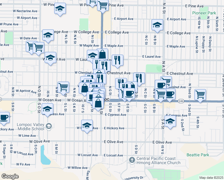 map of restaurants, bars, coffee shops, grocery stores, and more near 203 East Ocean Avenue in Lompoc