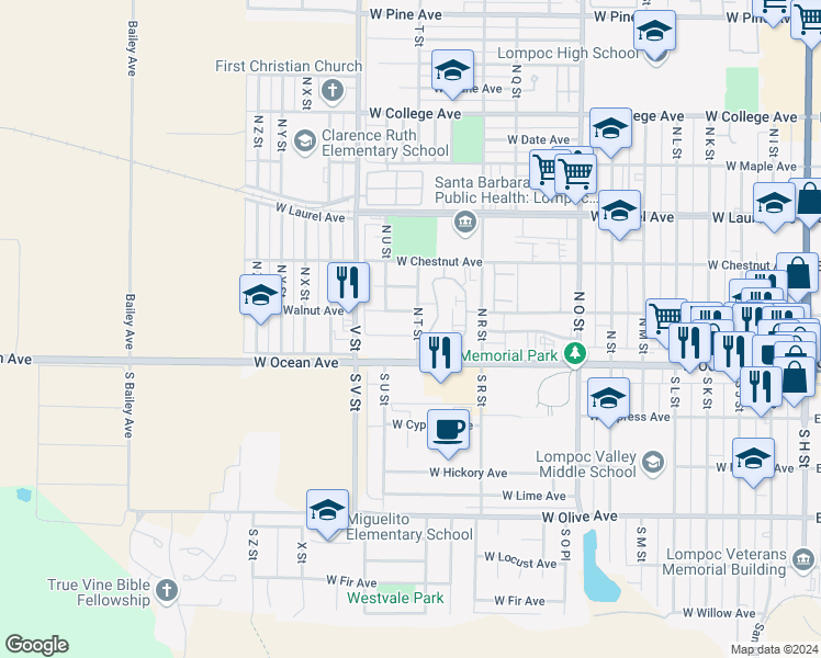 map of restaurants, bars, coffee shops, grocery stores, and more near 1301 West Apricot Avenue in Lompoc