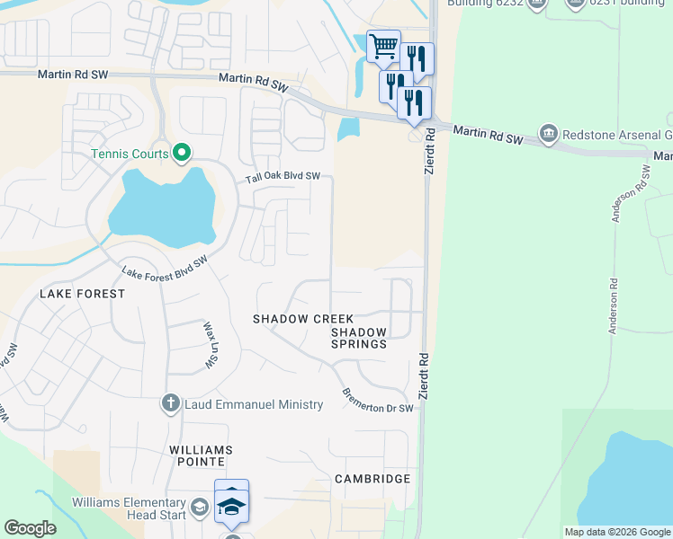 map of restaurants, bars, coffee shops, grocery stores, and more near 288 Shadow Court Southwest in Huntsville