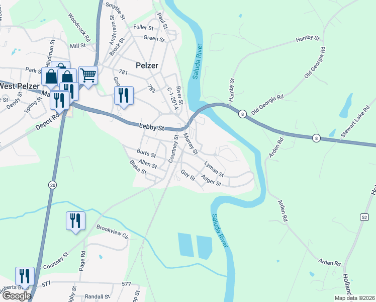 map of restaurants, bars, coffee shops, grocery stores, and more near 108 Murray Street in Pelzer