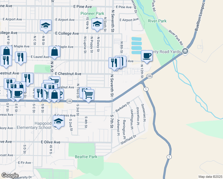 map of restaurants, bars, coffee shops, grocery stores, and more near 1416 East Walnut Avenue in Lompoc