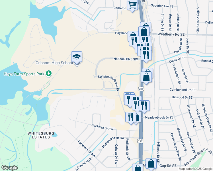 map of restaurants, bars, coffee shops, grocery stores, and more near 2301 Southwest Meadowbrook Drive in Huntsville