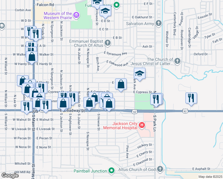 map of restaurants, bars, coffee shops, grocery stores, and more near 906 East Elm Street in Altus