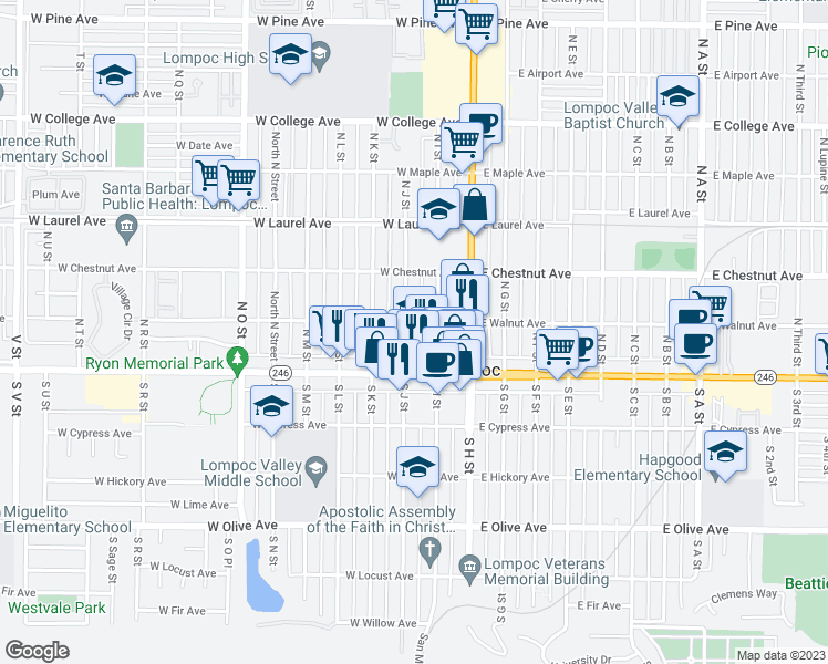 map of restaurants, bars, coffee shops, grocery stores, and more near 132 North J Street in Lompoc