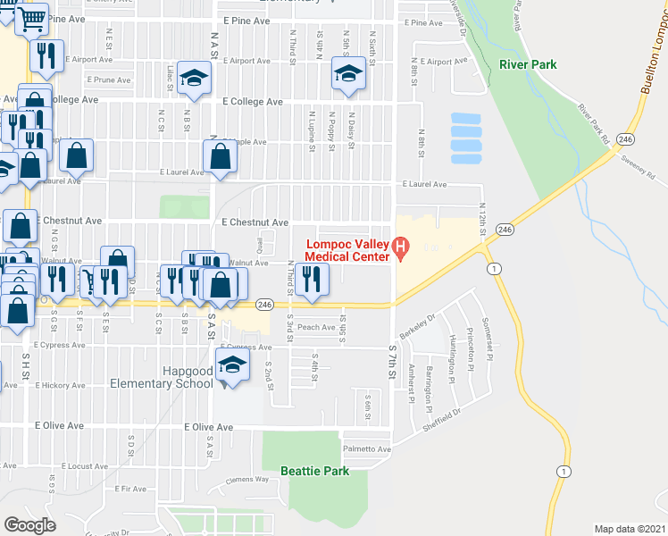map of restaurants, bars, coffee shops, grocery stores, and more near 1212 East Walnut Avenue in Lompoc