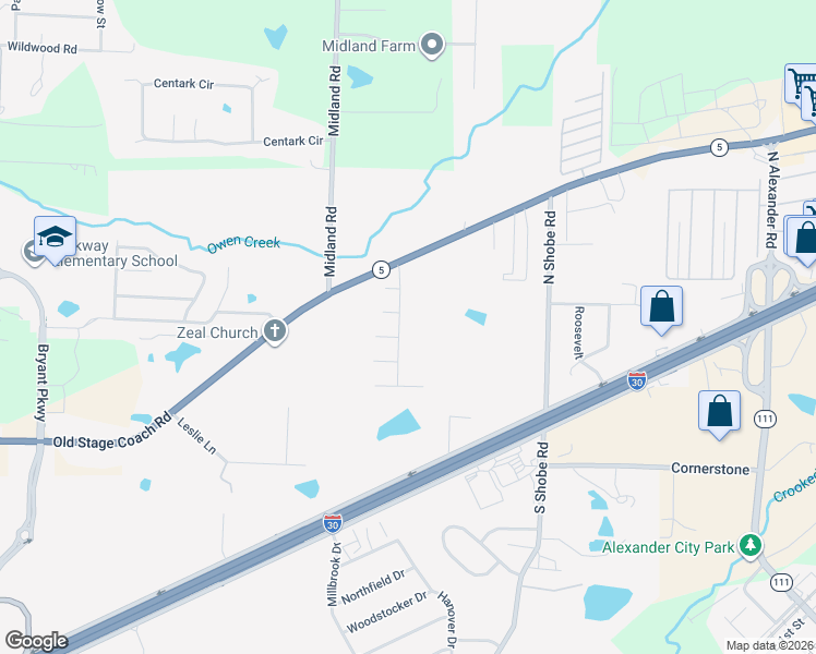 map of restaurants, bars, coffee shops, grocery stores, and more near 5005 Natalie Drive in Bryant