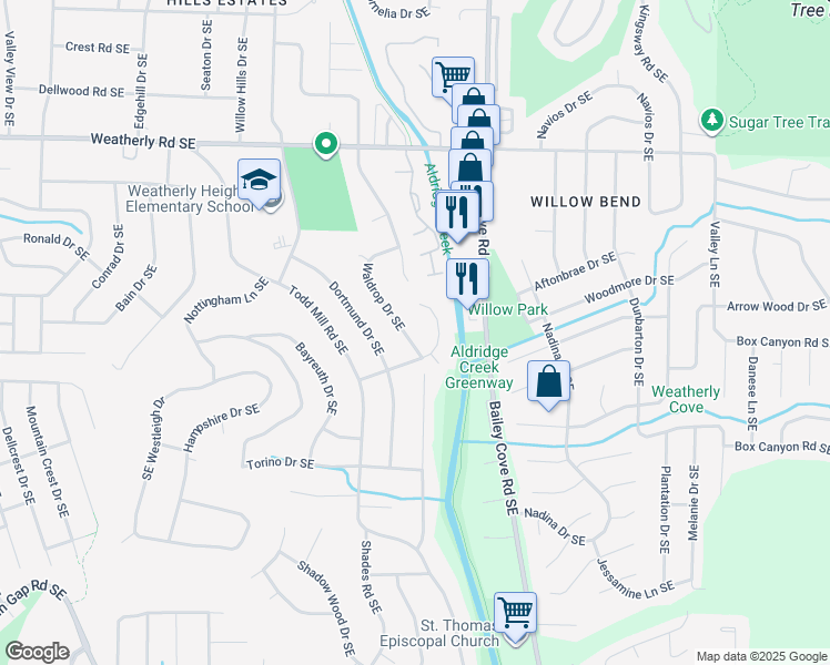 map of restaurants, bars, coffee shops, grocery stores, and more near 1313 Arolen Drive Southeast in Huntsville