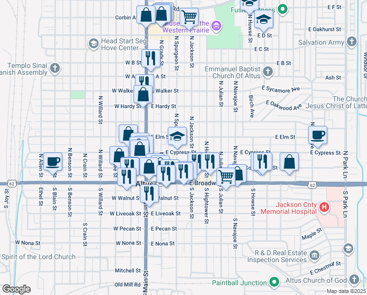map of restaurants, bars, coffee shops, grocery stores, and more near 311 East Cypress Street in Altus