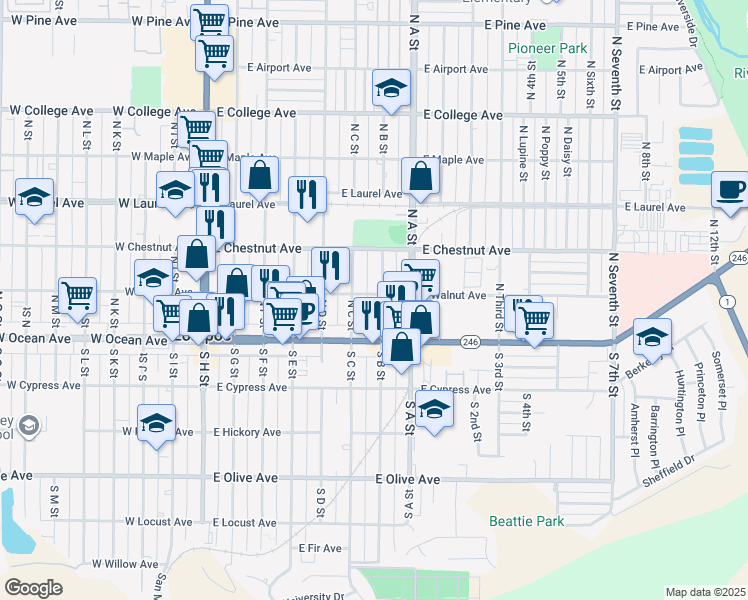 map of restaurants, bars, coffee shops, grocery stores, and more near 135 North B Street in Lompoc