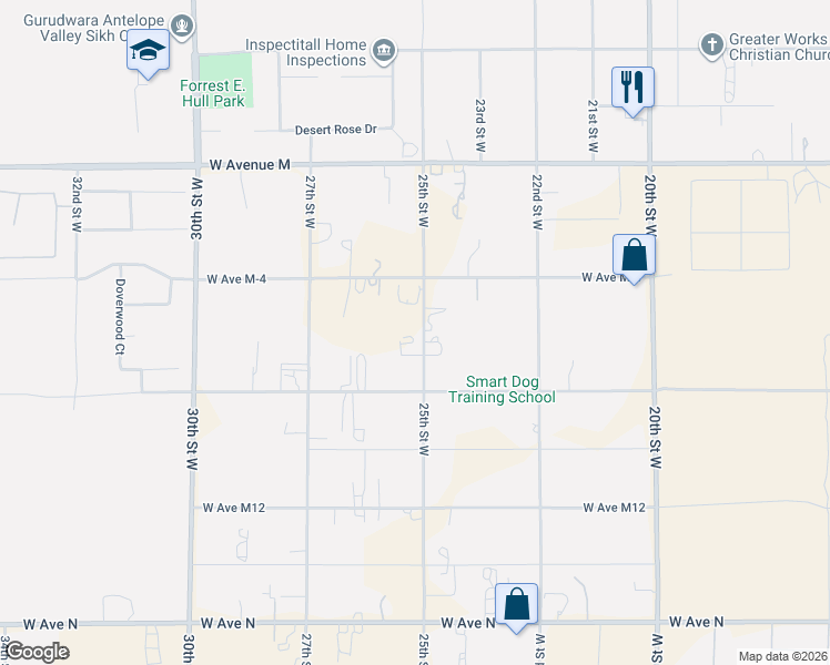 map of restaurants, bars, coffee shops, grocery stores, and more near 41705 25th Street West in Palmdale