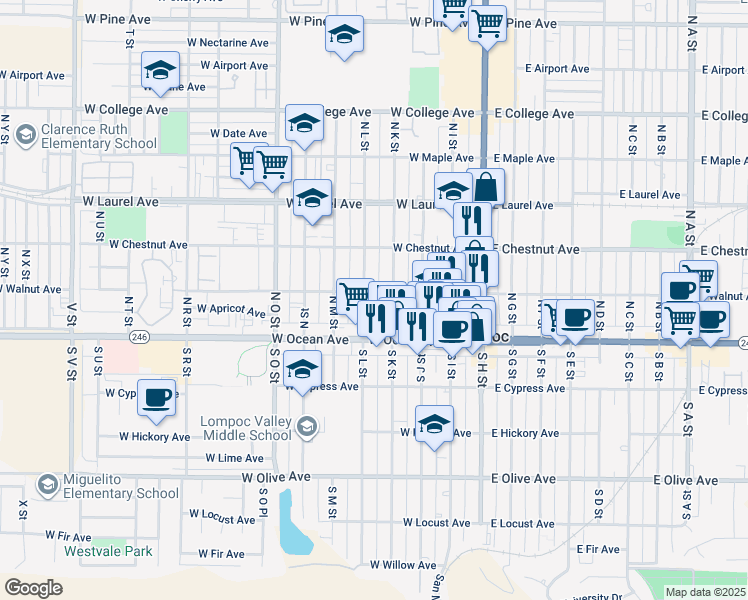 map of restaurants, bars, coffee shops, grocery stores, and more near 403 West Walnut Avenue in Lompoc
