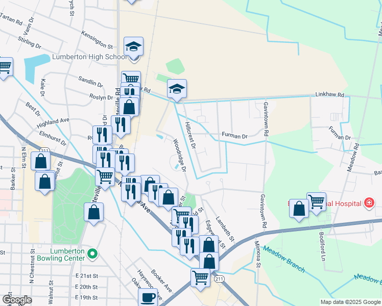 map of restaurants, bars, coffee shops, grocery stores, and more near 1003 Woodridge Drive in Lumberton