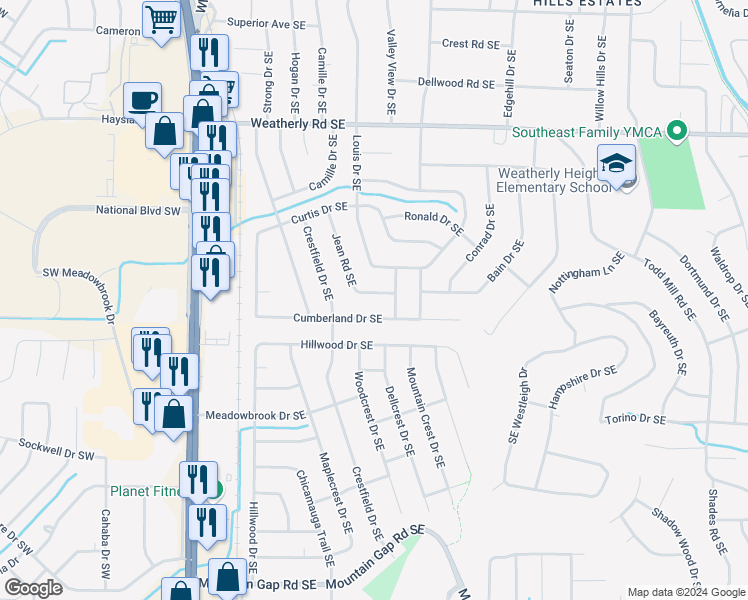 map of restaurants, bars, coffee shops, grocery stores, and more near 11030 Jean Road Southeast in Huntsville