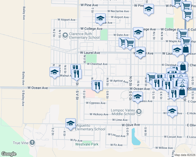 map of restaurants, bars, coffee shops, grocery stores, and more near 225 Village Circle Drive in Lompoc